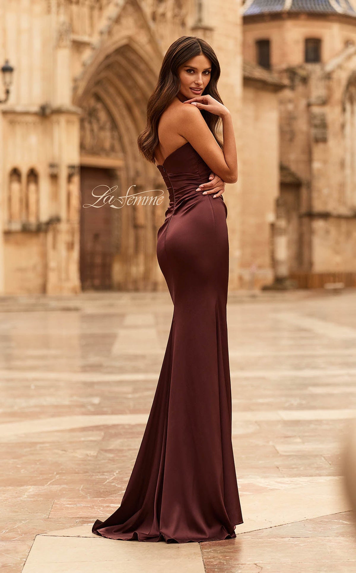 La Femme 33670 Satin Slit Sleeveless Prom Dress
