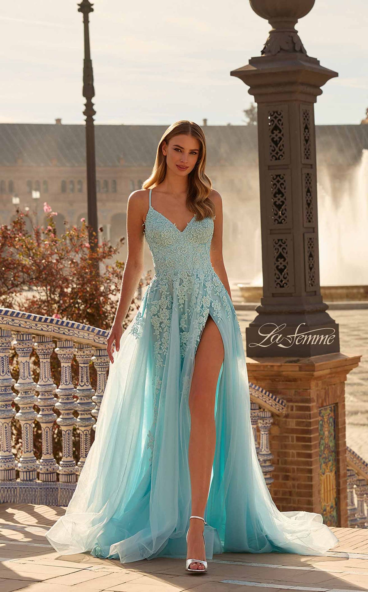 La Femme 33715 Tulle Embroidered Slit Sleeveless Prom Dress