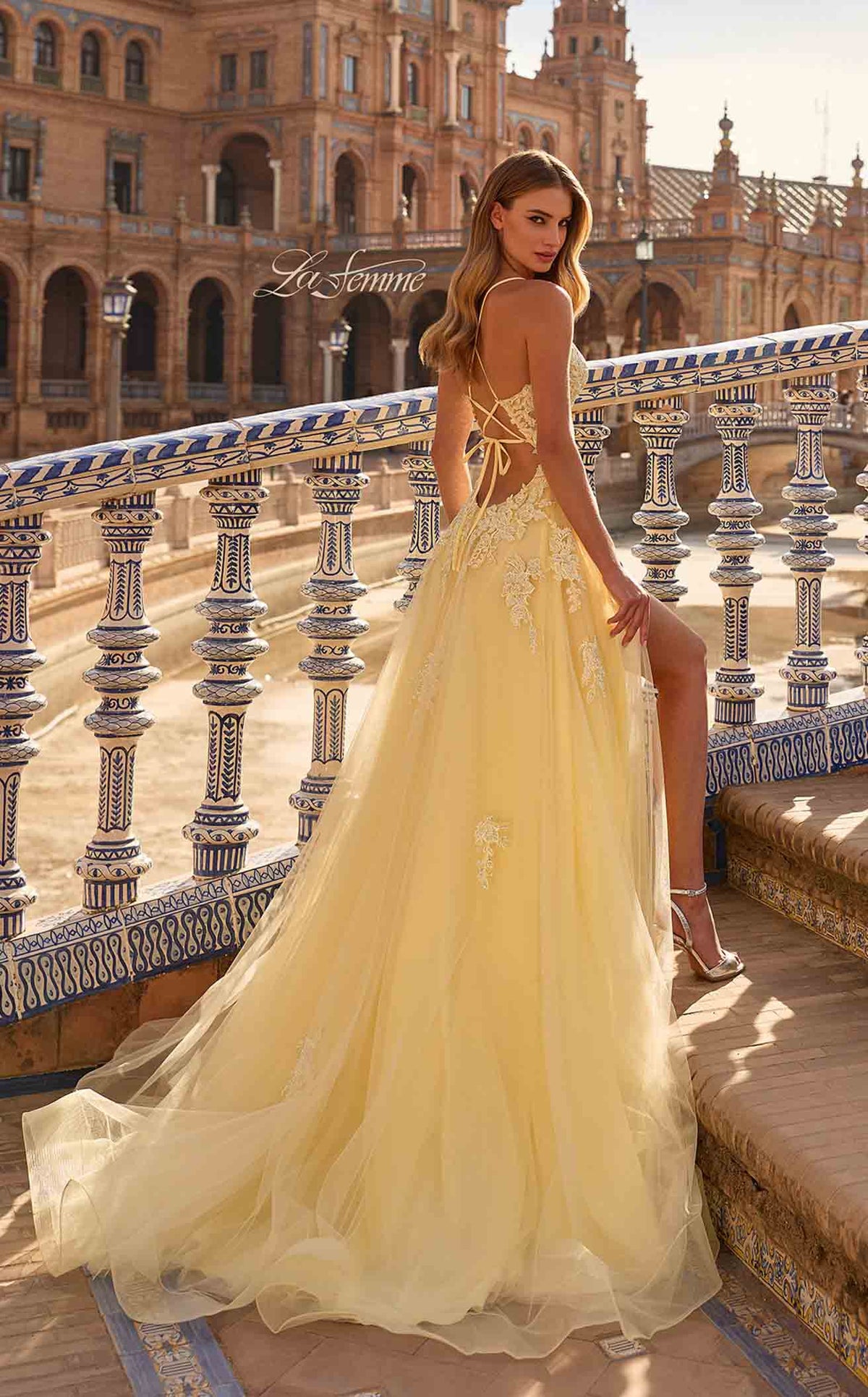 La Femme 33716 Tulle Embroidered Slit Sleeveless Prom Dress