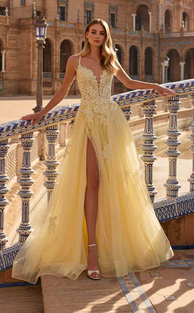 La Femme 33716 Tulle Embroidered Slit Sleeveless Prom Dress