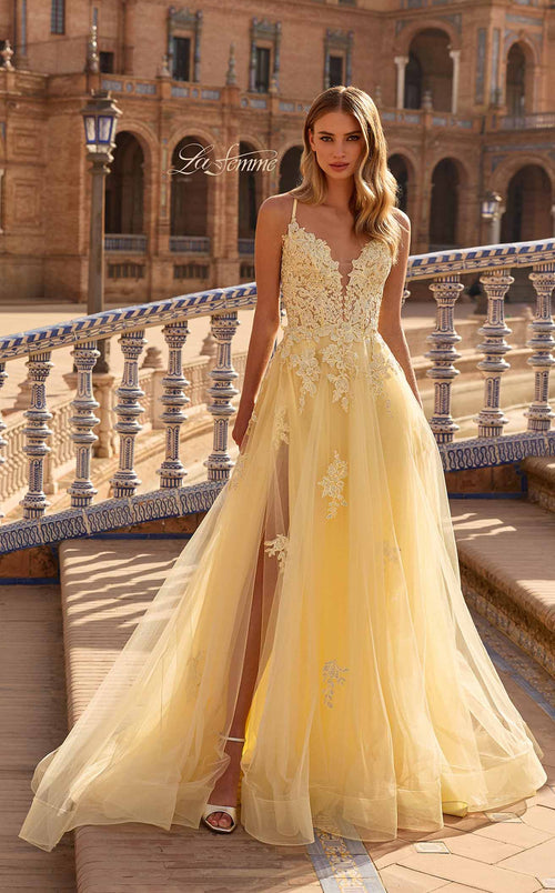 La Femme 33716 Tulle Embroidered Slit Sleeveless Prom Dress