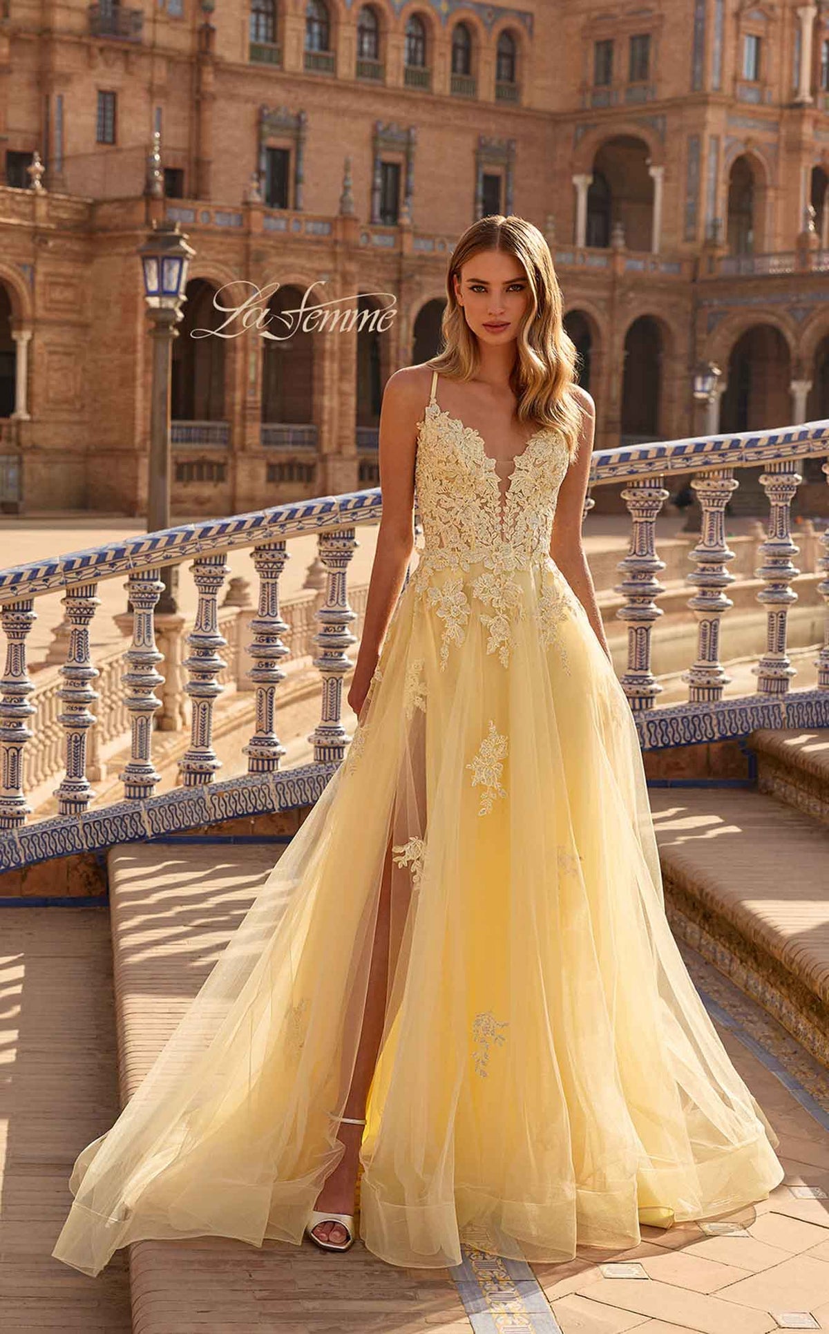 La Femme 33716 Tulle Embroidered Slit Sleeveless Prom Dress