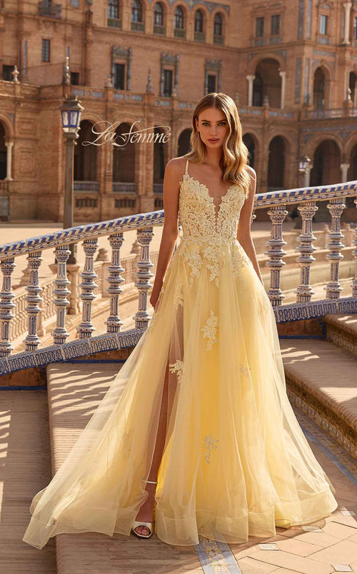 La Femme 33716 Tulle Embroidered Slit Sleeveless Prom Dress