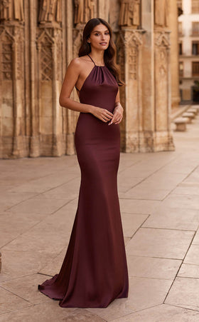 La Femme 33732 Satin Slit Halter Sleeveless Prom Dress