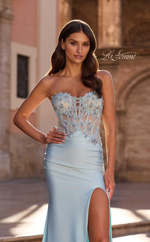 La Femme 33761 Satin Slit Sleeveless Prom Dress