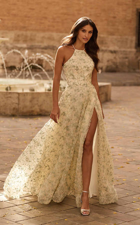 La Femme 33865 Tulle Slit Halter Sleeveless Prom Dress
