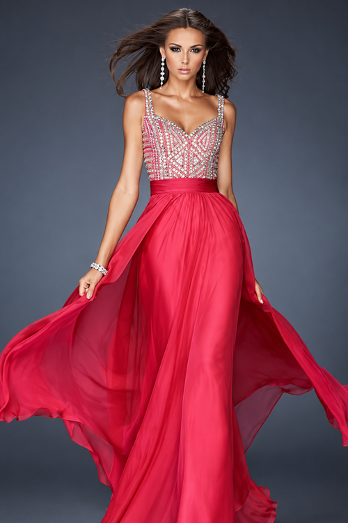La Femme 18713 Floor-Length Beaded A-Line Prom Dress with Open Back
