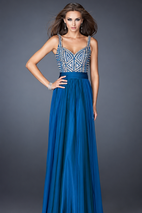 La Femme 18713 Floor-Length Beaded A-Line Prom Dress with Open Back