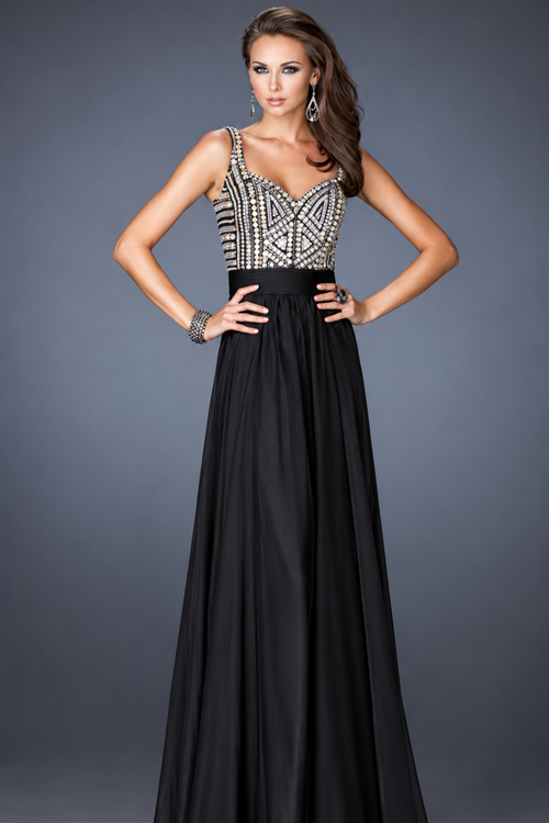 La Femme 18713 Floor-Length Beaded A-Line Prom Dress with Open Back