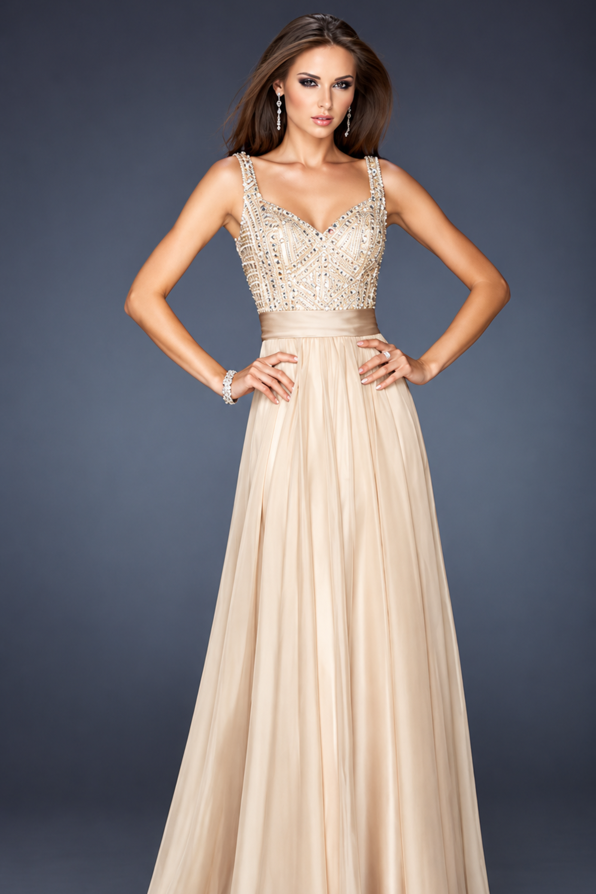 La Femme 18713 Floor-Length Beaded A-Line Prom Dress with Open Back