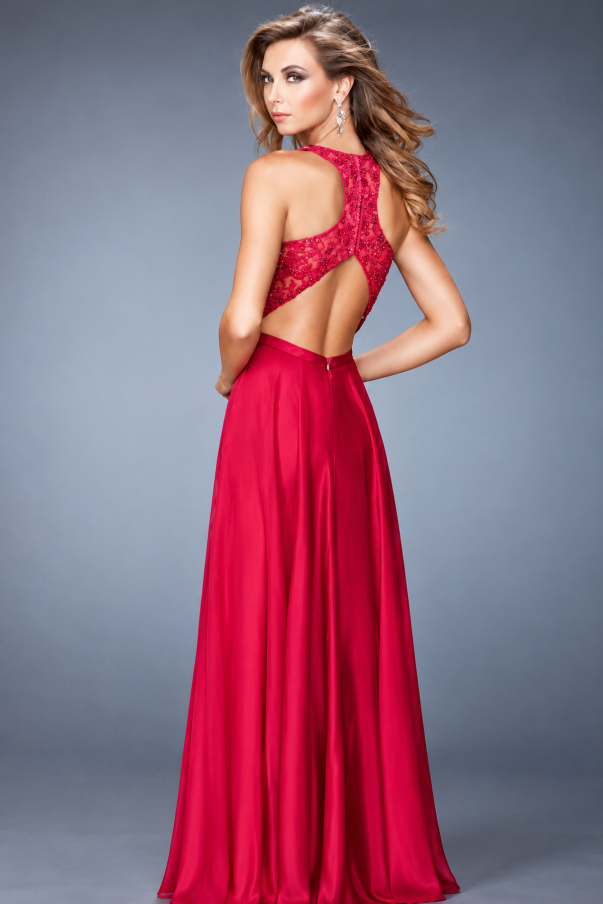 La Femme 22186 Floor-Length V-Neck Beaded Satin Prom Dress with Open Back and Cutouts