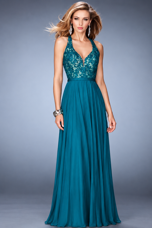 La Femme 22186 Floor-Length V-Neck Beaded Satin Prom Dress with Open Back and Cutouts