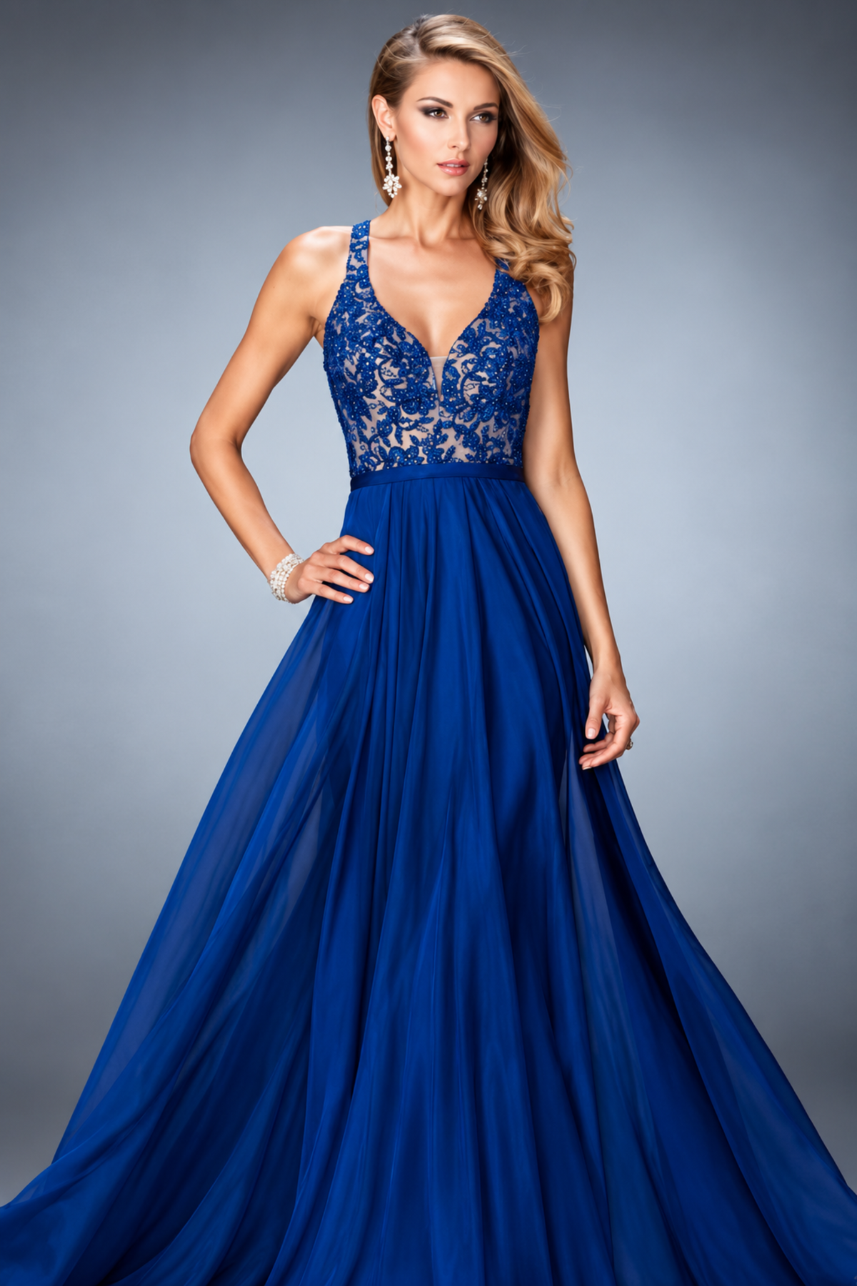 La Femme 22186 Floor-Length V-Neck Beaded Satin Prom Dress with Open Back and Cutouts