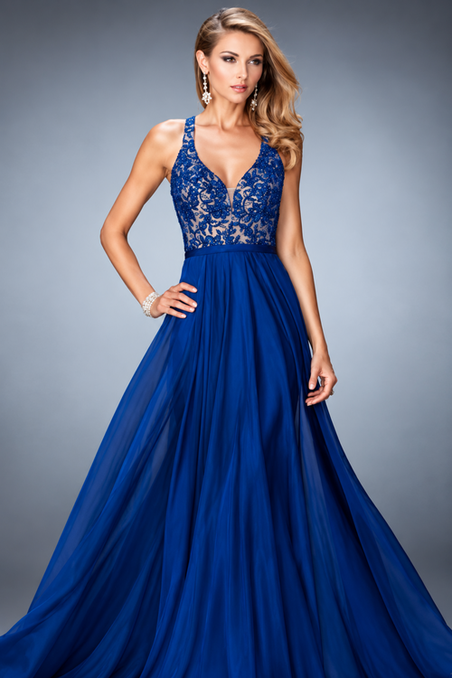 La Femme 22186 Floor-Length V-Neck Beaded Satin Prom Dress with Open Back and Cutouts