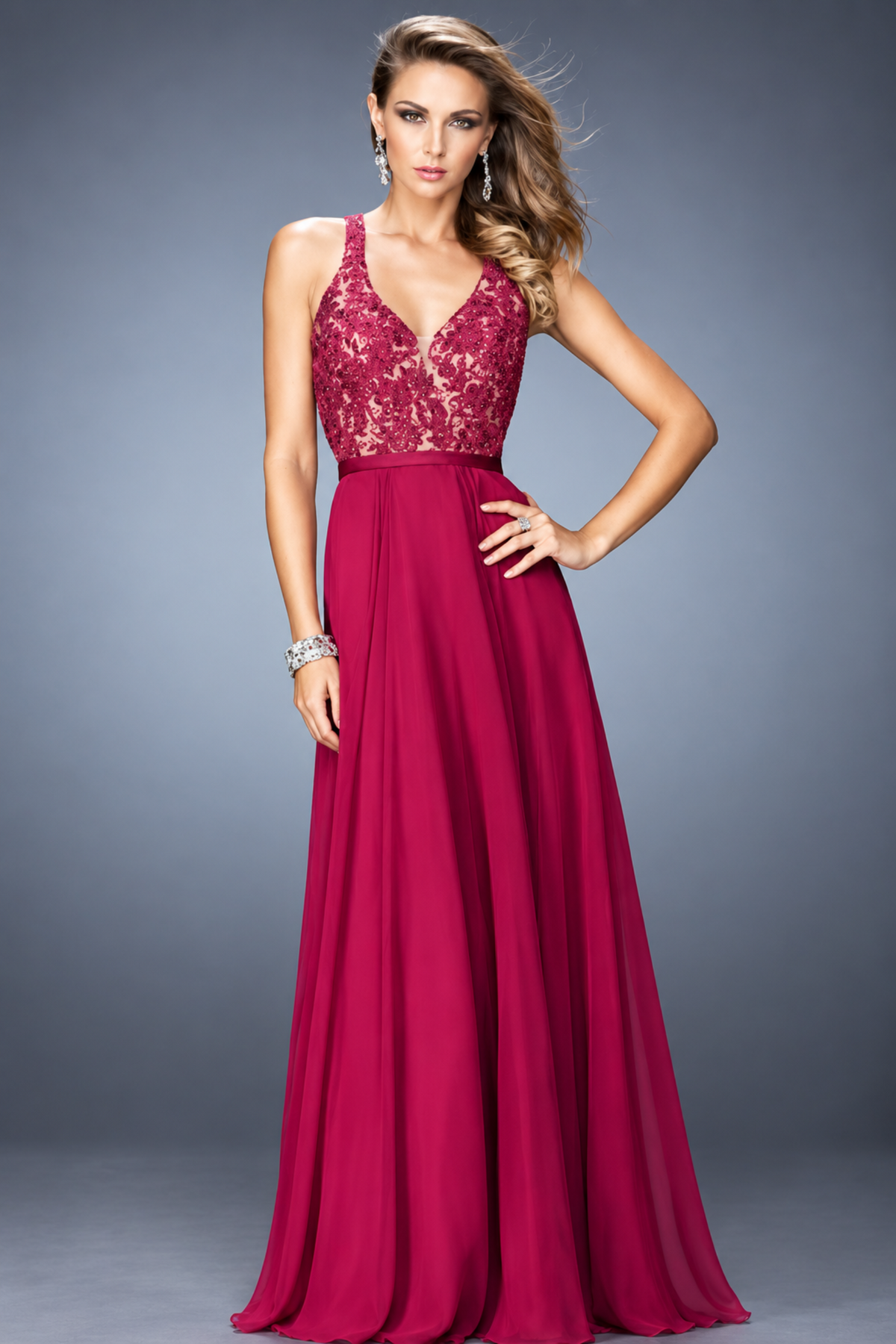 La Femme 22186 Floor-Length V-Neck Beaded Satin Prom Dress with Open Back and Cutouts