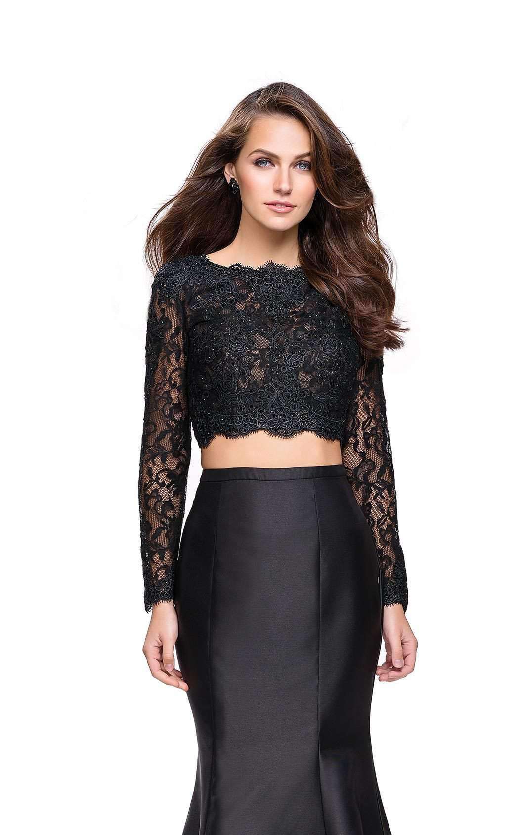La Femme 25324C Lace Embroidered Slit Long Sleeves Prom Dress