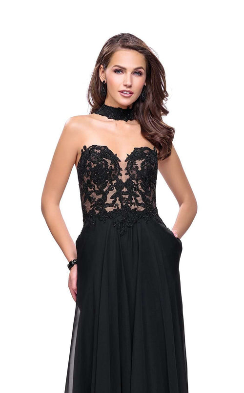 La Femme 25450C Lace Embroidered Slit Sleeveless Formal Dress
