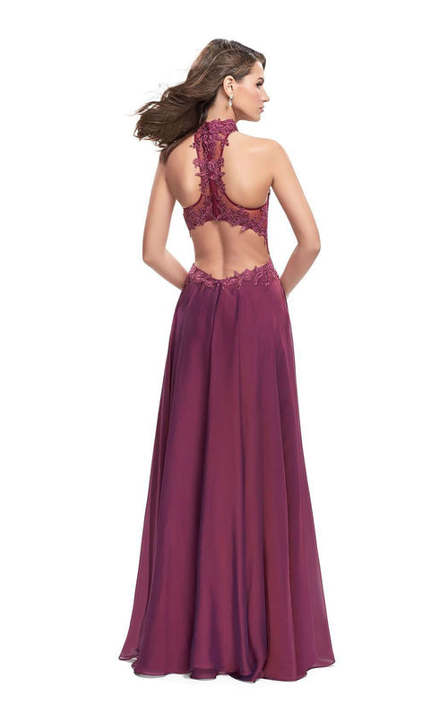 La Femme 25450C Lace Embroidered Slit Sleeveless Formal Dress