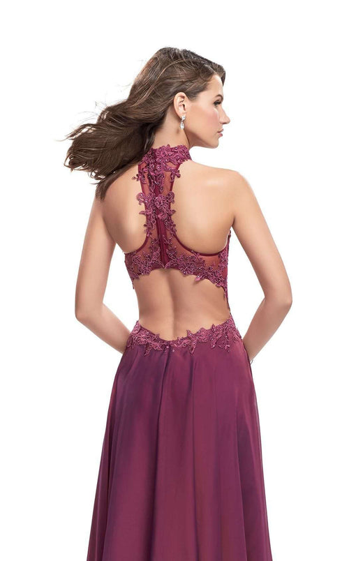 La Femme 25450C Lace Embroidered Slit Sleeveless Formal Dress
