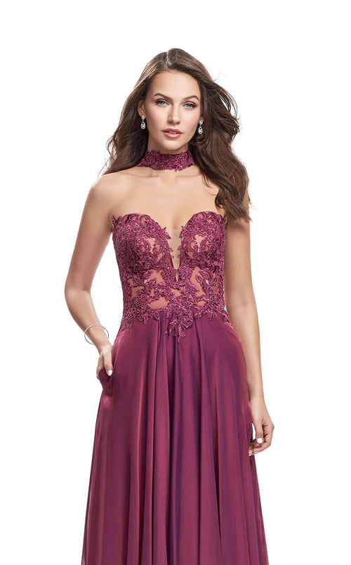 La Femme 25450C Lace Embroidered Slit Sleeveless Formal Dress