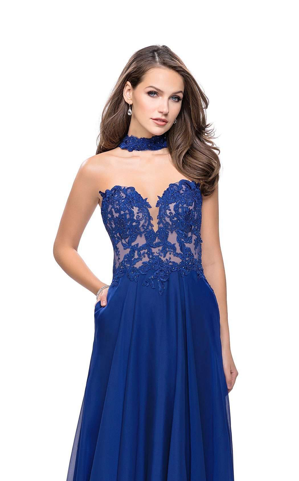 La Femme 25450C Lace Embroidered Slit Sleeveless Formal Dress