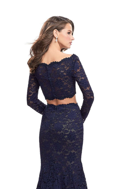 La Femme 25668C Lace Embroidered Slit Bateau Prom Dress