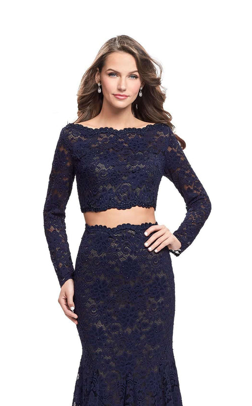 La Femme 25668C Lace Embroidered Slit Bateau Prom Dress