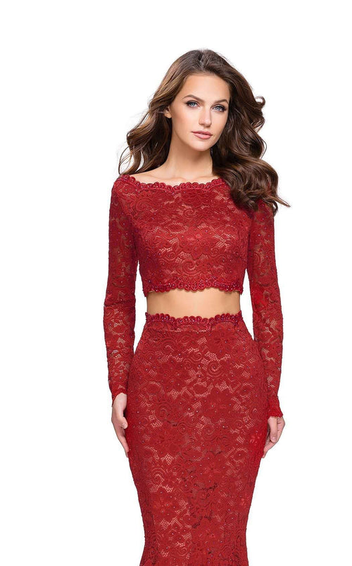 La Femme 25668C Lace Embroidered Slit Bateau Prom Dress