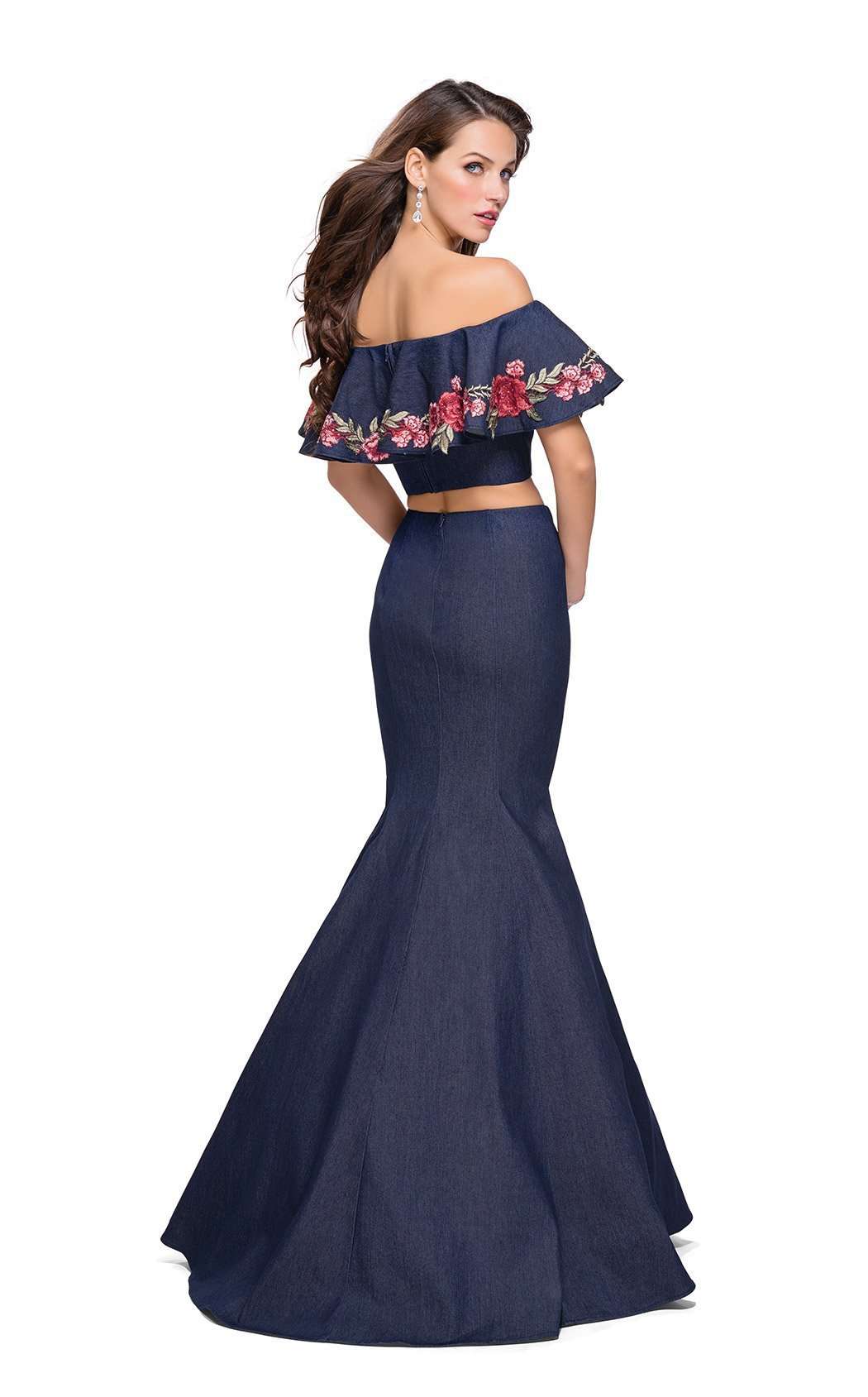 La Femme 26013C Lace Embroidered Slit Off the Shoulder Prom Dress