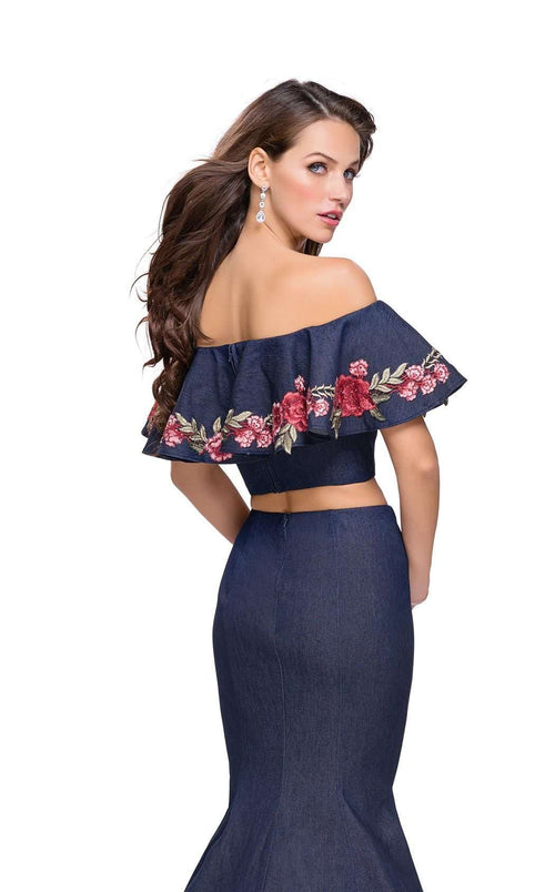 La Femme 26013C Lace Embroidered Slit Off the Shoulder Prom Dress