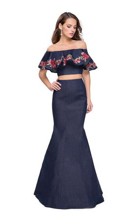 La Femme 26013C Lace Embroidered Slit Off the Shoulder Prom Dress