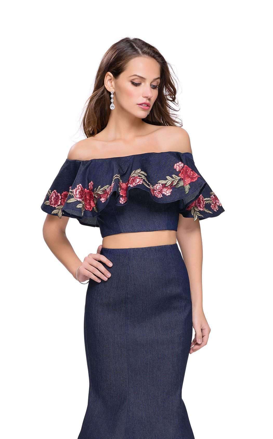 La Femme 26013C Lace Embroidered Slit Off the Shoulder Prom Dress