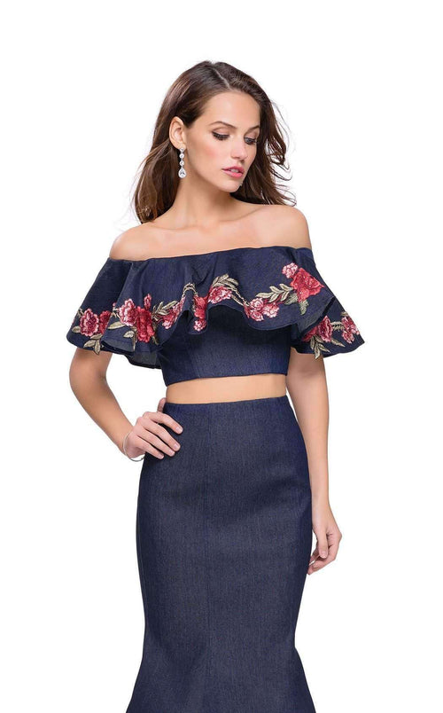 La Femme 26013C Lace Embroidered Slit Off the Shoulder Prom Dress