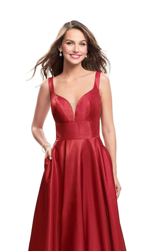 La Femme 26015C Satin Slit Pockets Sweetheart Prom Dress