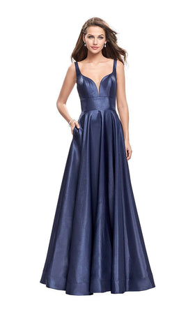 La Femme 26015C Satin Slit Pockets Sweetheart Prom Dress