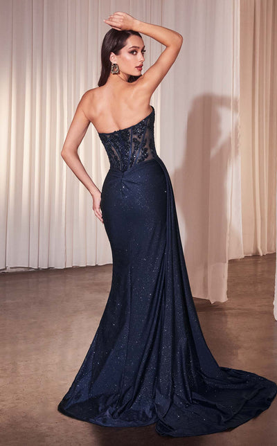 Strapless Ruched Sheath Gown with Beading & Sash – Ladivine J875