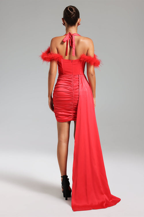 Bella Barnett Lala Halterneck Feather Satin Cocktail Party Mini Dress
