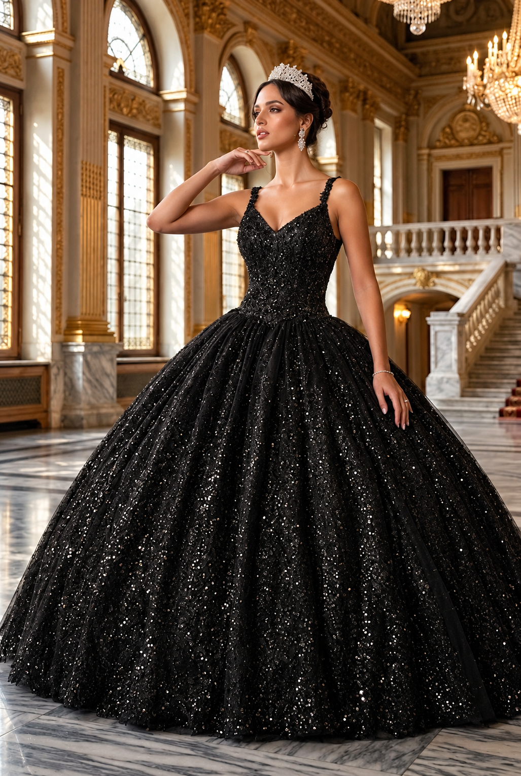 Quinceanera Dress Ball Gown in Mesh Glitter Bow Train by Layla K LK174