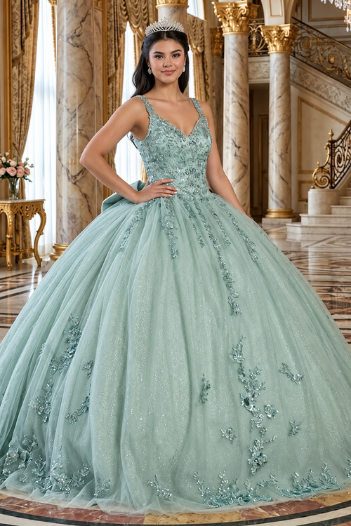 Quinceanera Dress Ball Gown in Mesh Glitter Bow Train by Layla K LK174