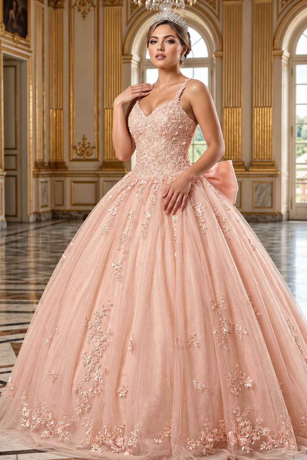 Quinceanera Dress Ball Gown in Mesh Glitter Bow Train by Layla K LK174