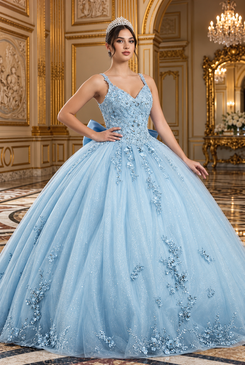 Quinceanera Dress Ball Gown in Mesh Glitter Bow Train by Layla K LK174