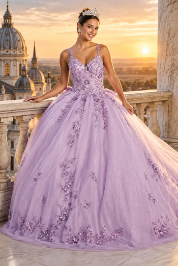 Quinceanera Dress Ball Gown in Mesh Glitter Bow Train by Layla K LK174