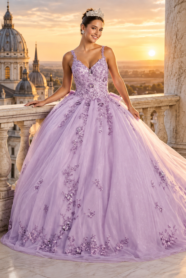 Quinceanera Dress Ball Gown in Mesh Glitter Bow Train by Layla K LK174