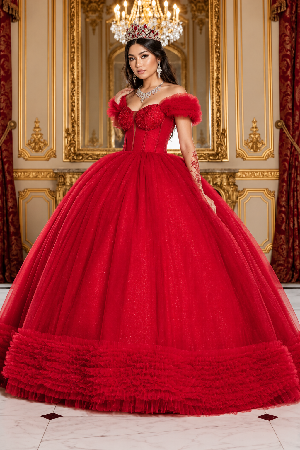Masquerade Ball Gown Ruffle Short Sleeves Gala Dress By Layla K LK266