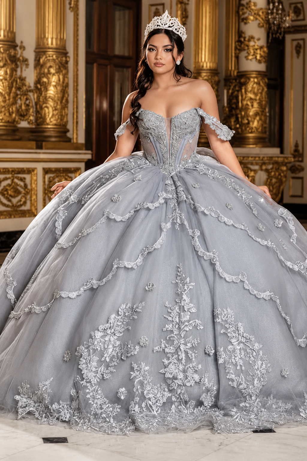 Off-Shoulder Quinceañera Ball Gown with Beaded Lace Appliques and Royal Train by Layla K LK283
