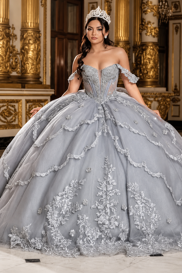 Off-Shoulder Quinceañera Ball Gown with Beaded Lace Appliques and Royal Train by Layla K LK283