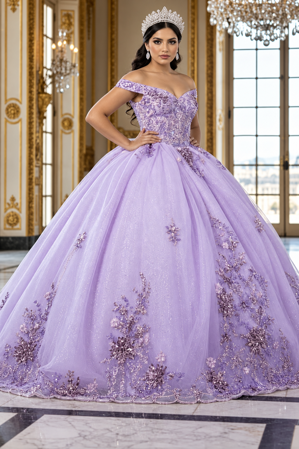 Luxurious Off The Shoulder Quinceañera Ball Gown with 3D Floral Appliqués Glitter Tulle Skirt by Layla K LK286