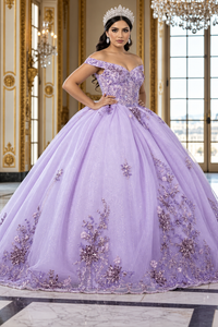 Luxurious Off The Shoulder Quinceañera Ball Gown with 3D Floral Appliqués Glitter Tulle Skirt by Layla K LK286