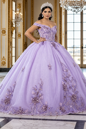Luxurious Off The Shoulder Quinceañera Ball Gown with 3D Floral Appliqués Glitter Tulle Skirt by Layla K LK286