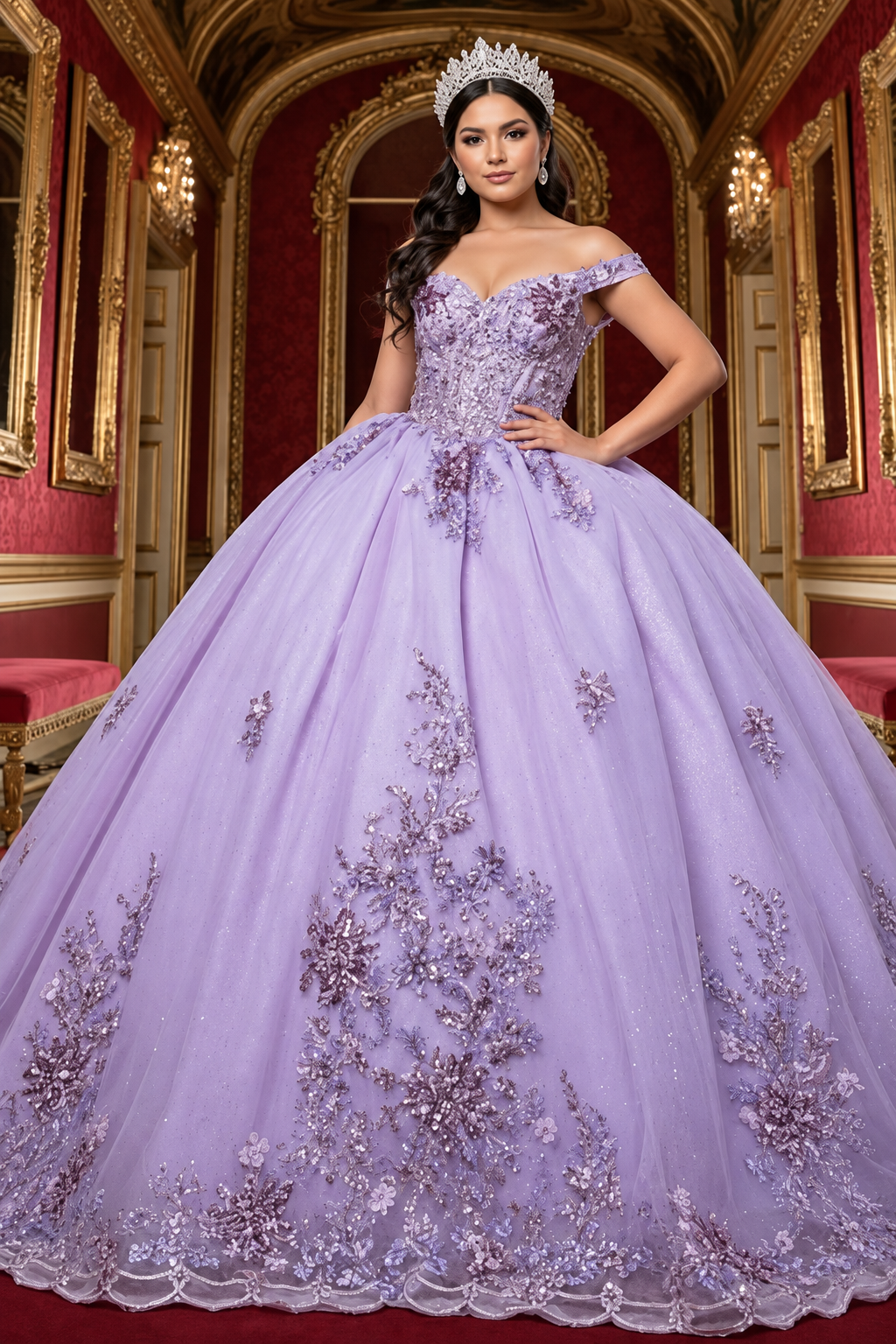 Luxurious Off The Shoulder Quinceañera Ball Gown with 3D Floral Appliqués Glitter Tulle Skirt by Layla K LK286